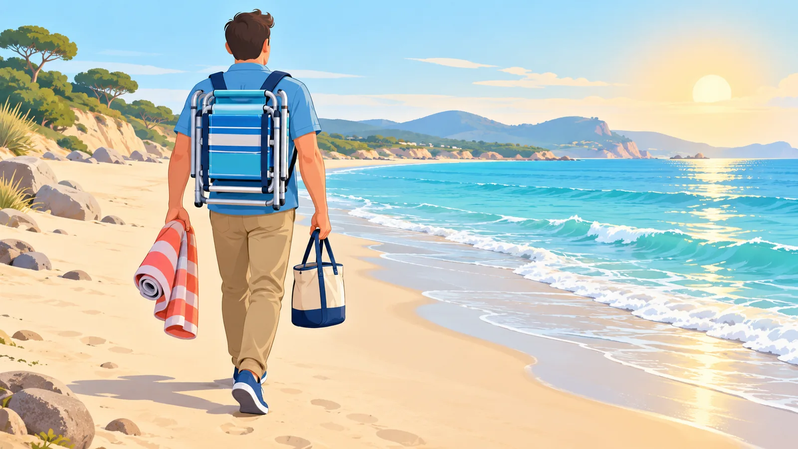 Taong naglalakad sa dalampasigan na may backpack-style na beach chair sa likod