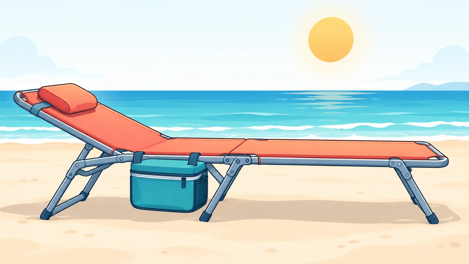 Beach chair na nakahiga ang posisyon at may unan at kasamang cooler