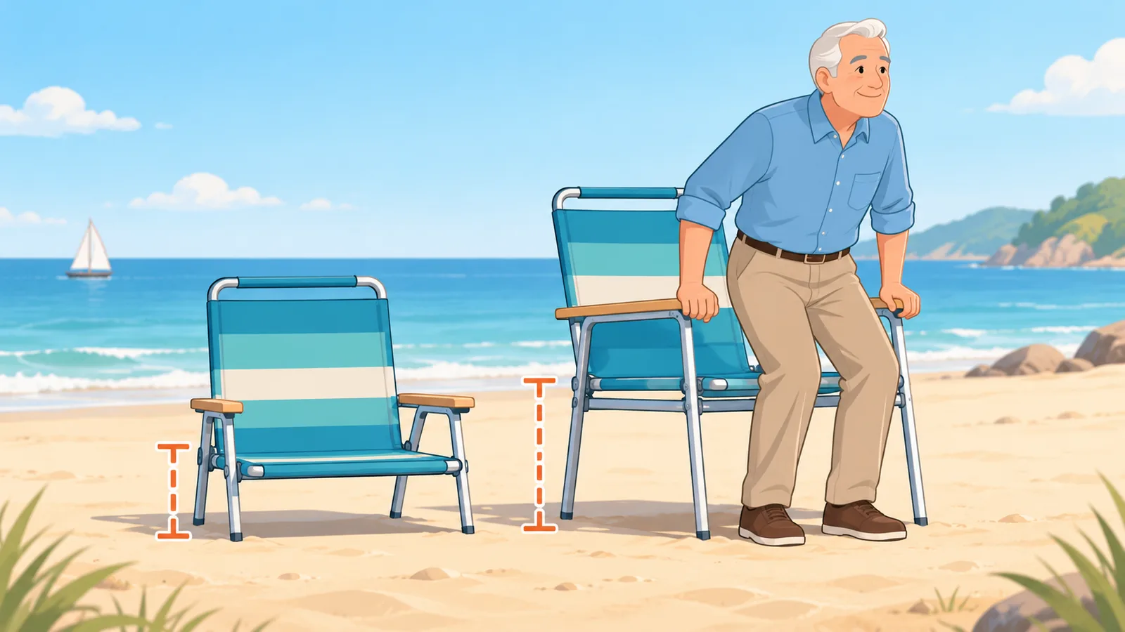 Magkatabing mababa at mataas na beach chair sa buhangin
