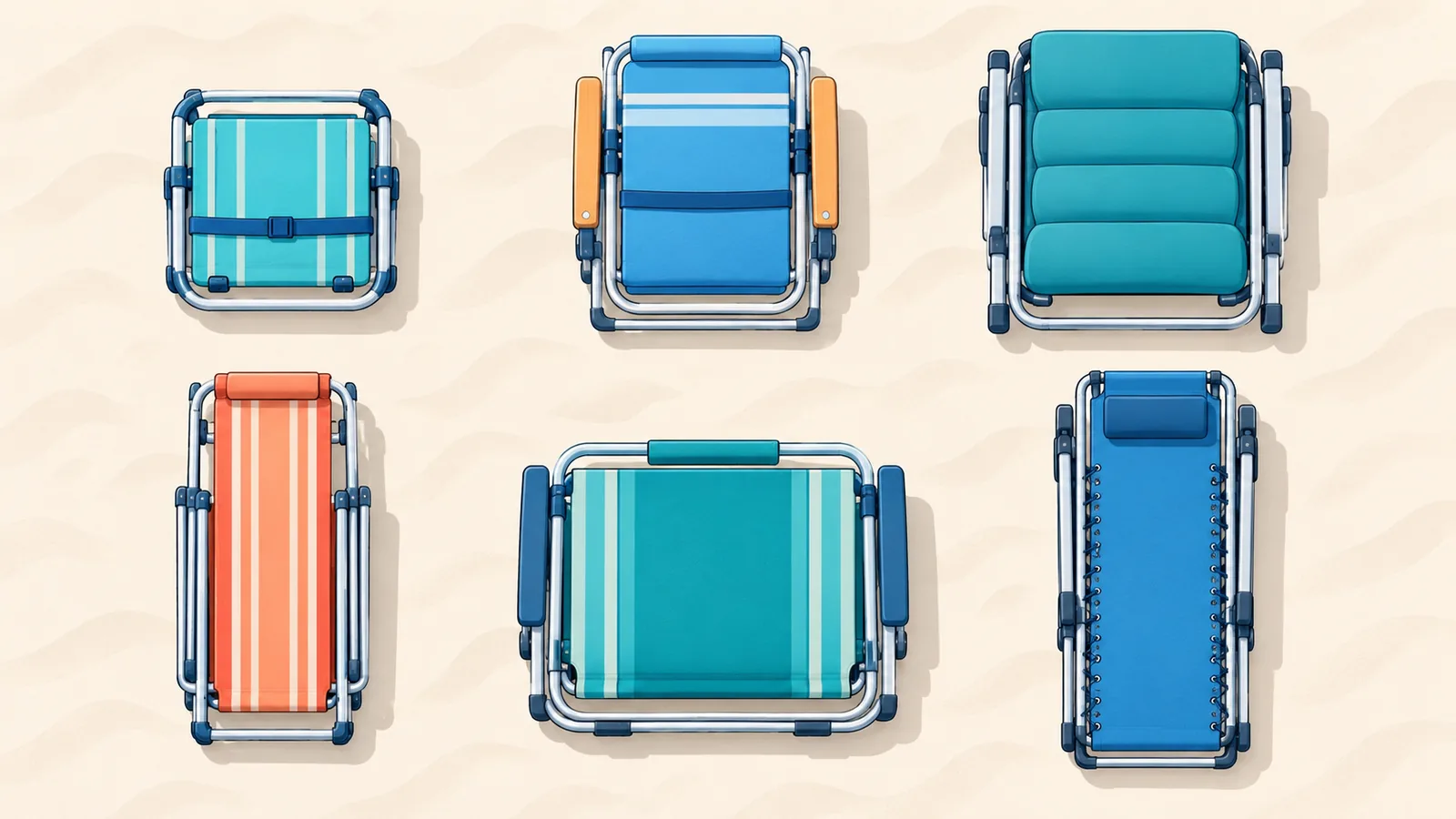 Mga uri ng beach chair na magkakaibang laki at disenyo na nakahanay para sa paghahambing