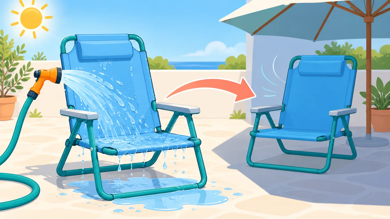 Beach chair na hinuhugasan ng tubig-tabang at pinatutuyo