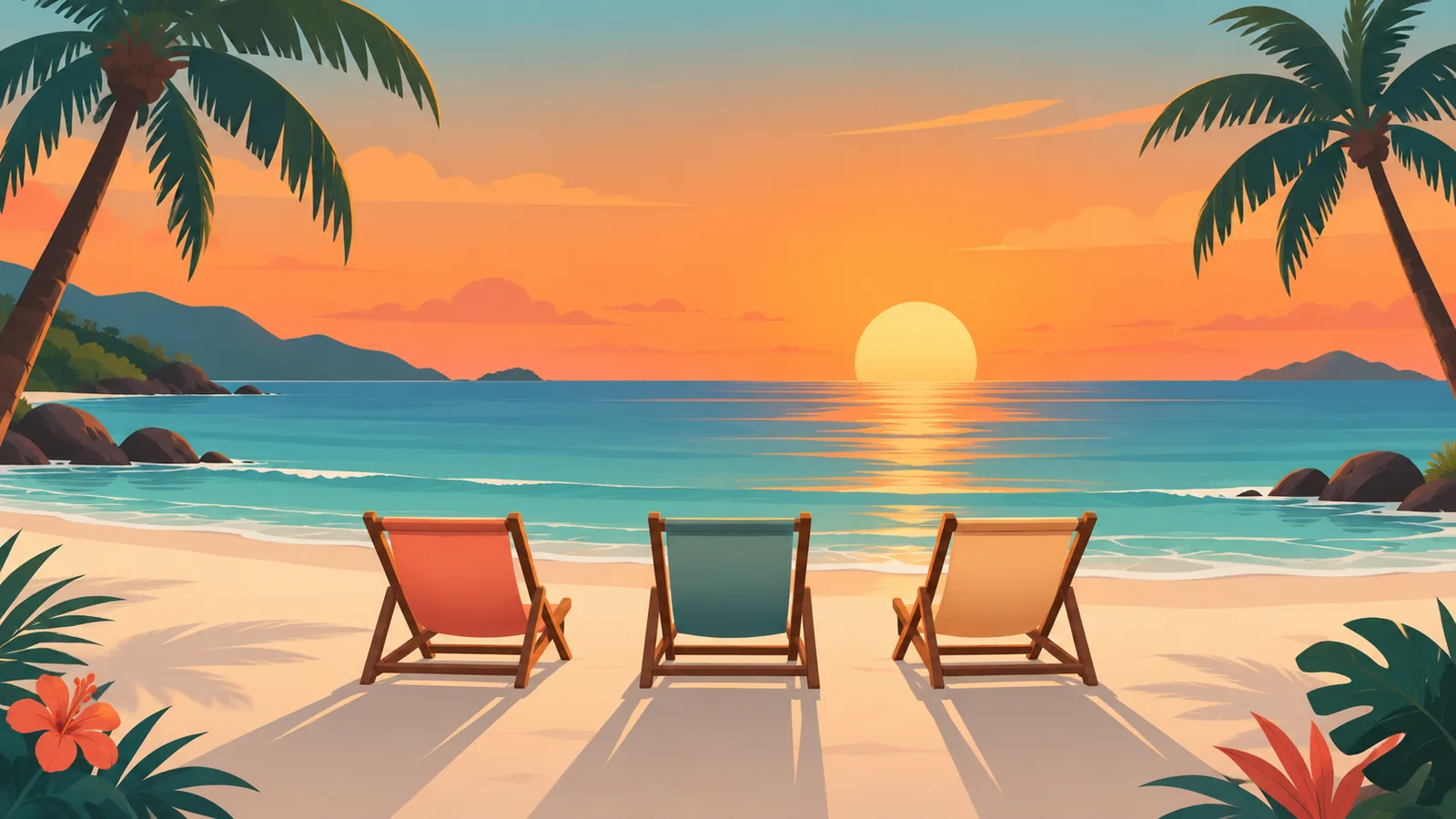 Tahimik na tabing-dagat na may mga beach chair na nakahanay habang lumulubog ang araw