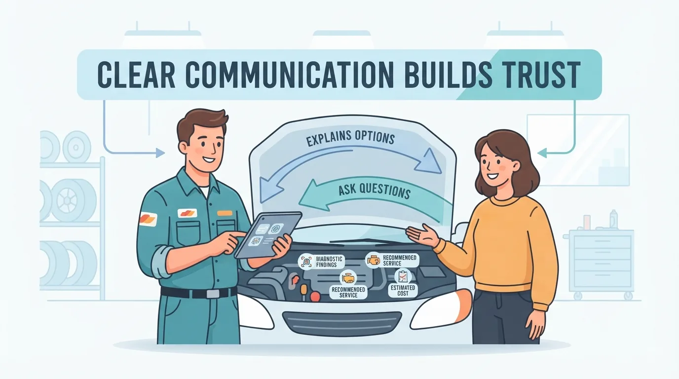 Mécanicien conseillant un automobiliste devant un capot ouvert