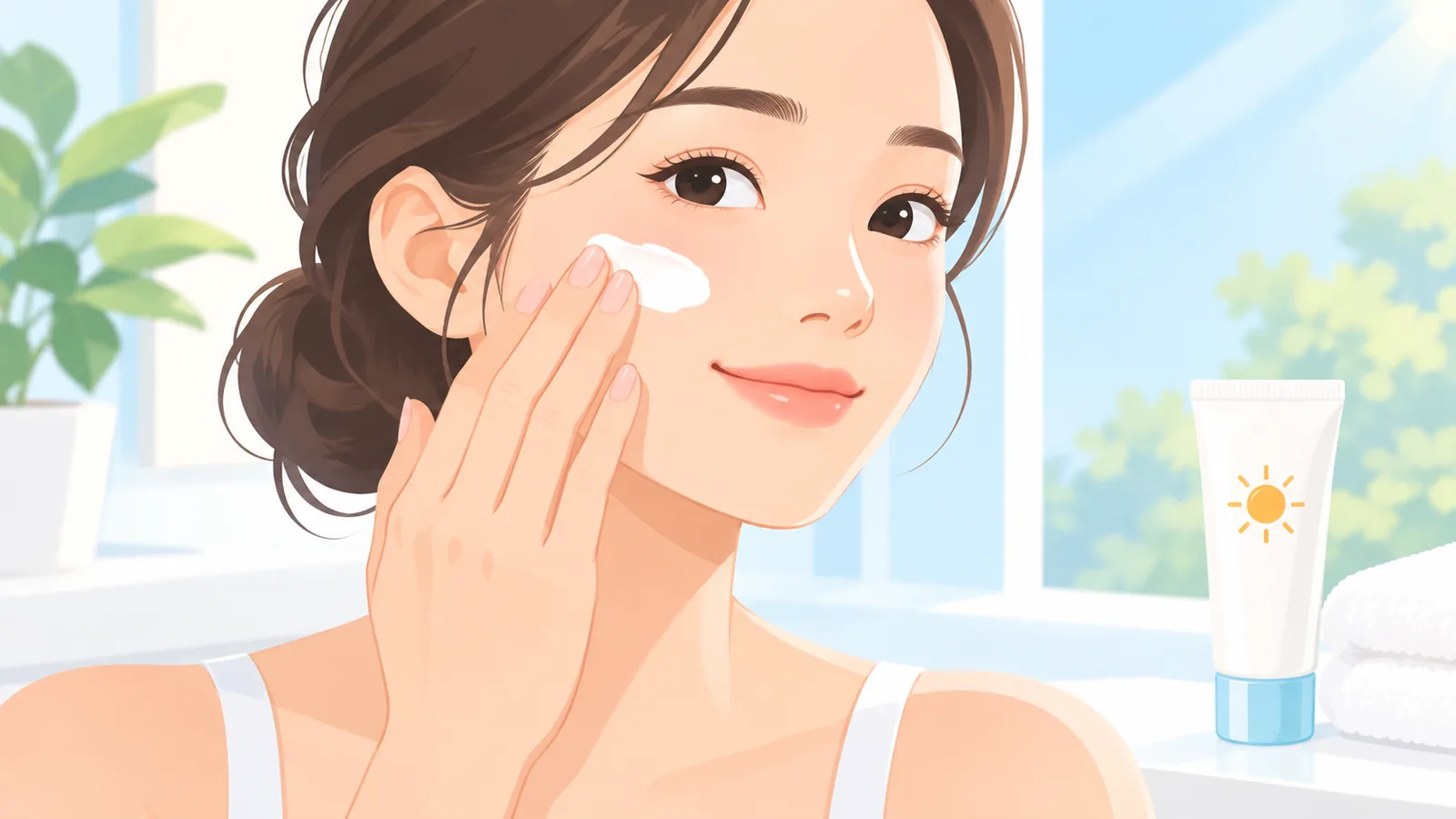 Application d’une crème solaire sur la joue en lumière du matin