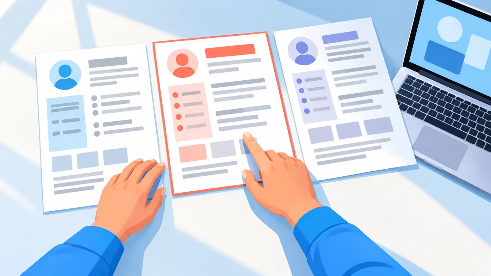Candidat comparant plusieurs versions de CV imprimées à côté d’un ordinateur portable