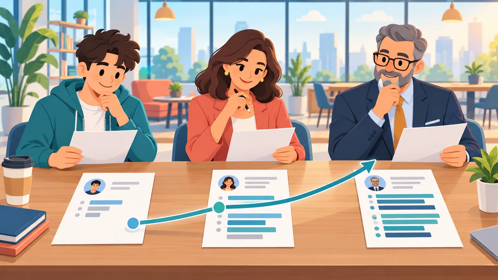 Trois profils de carrière différents relisant leur CV dans un espace de coworking