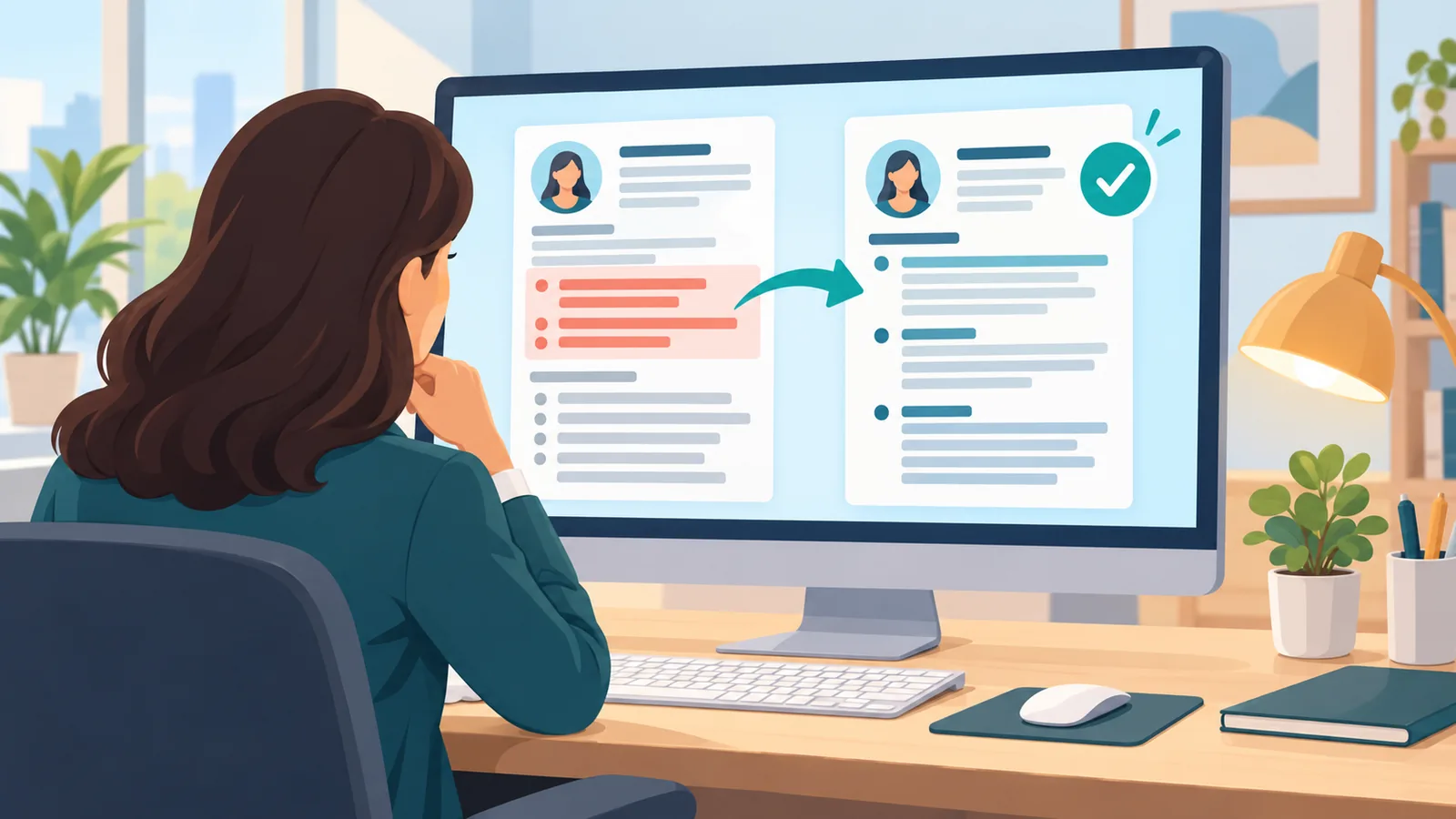 Rédacteur professionnel relisant un brouillon de CV sur un grand écran