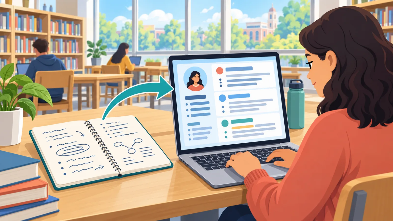 Personne rédigeant son CV à partir d’un modèle dans une bibliothèque