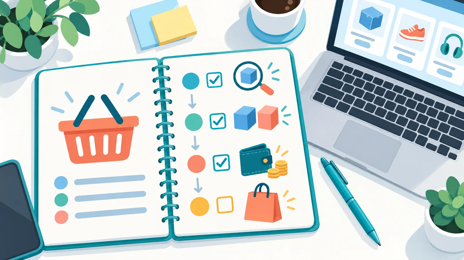 Carnet ouvert sur une checklist d’achat numérotée