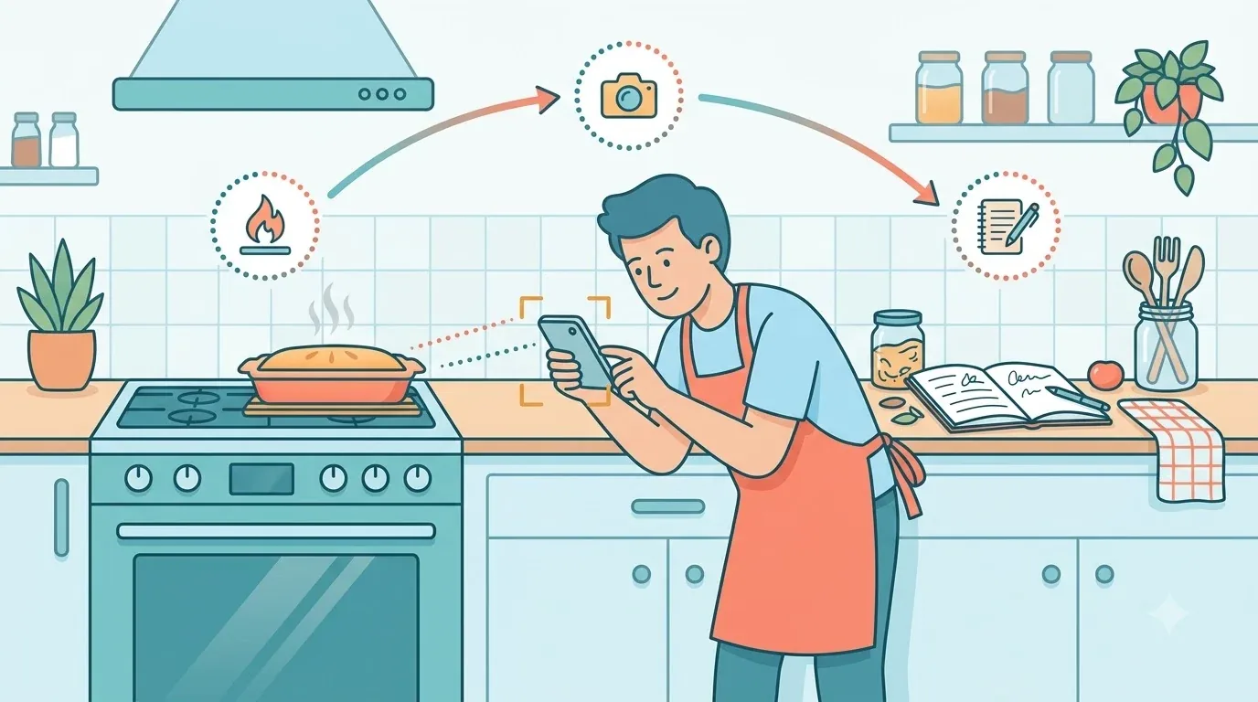 Cuisinier prenant des notes devant un plat fini pour développer une recette