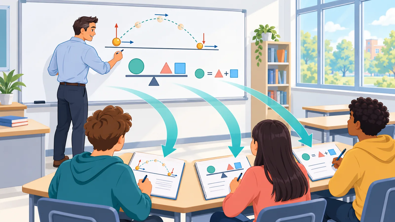 Salle de classe de physique avec un professeur et des élèves