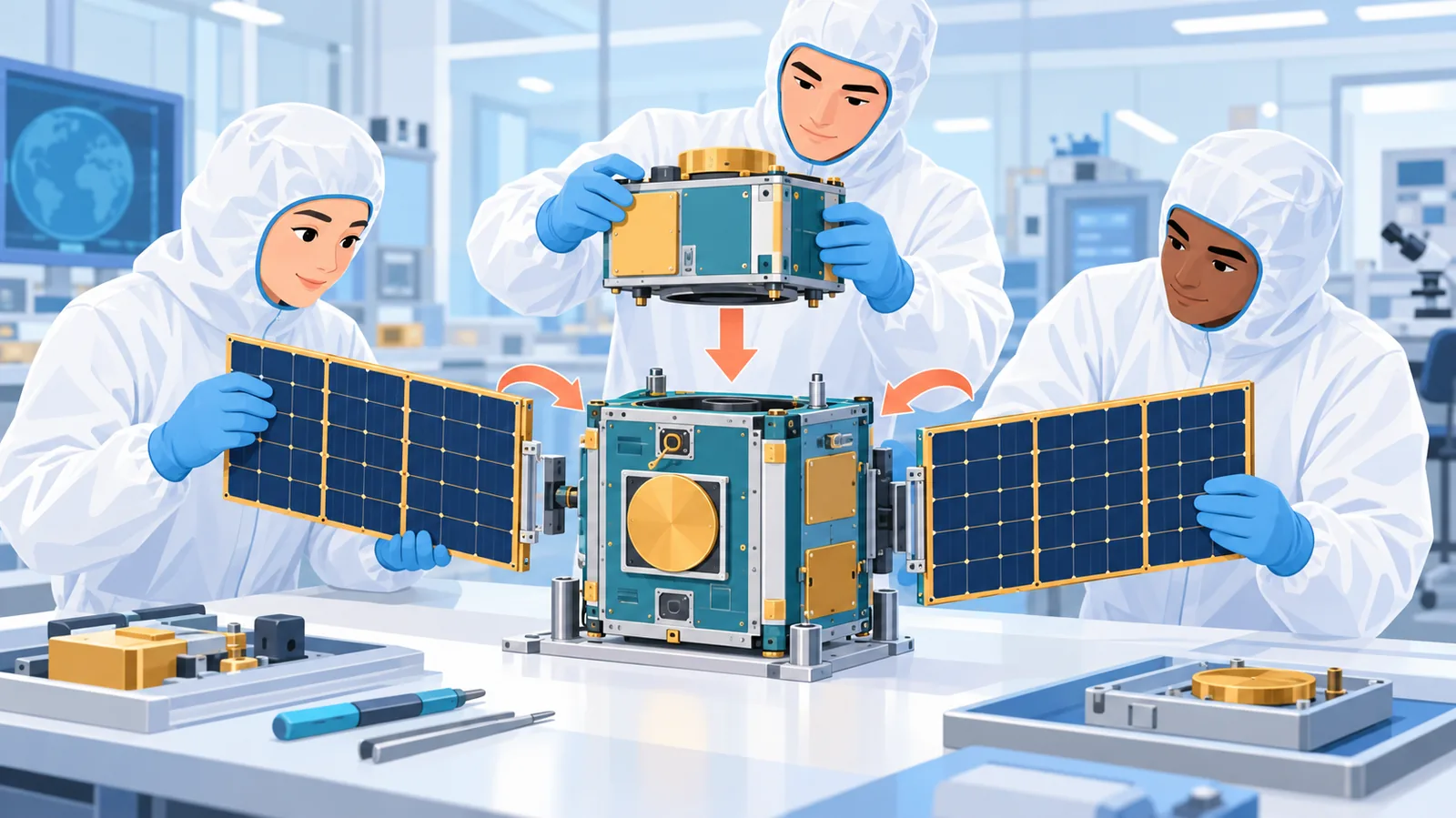 Ingénieurs assemblant un petit satellite en laboratoire
