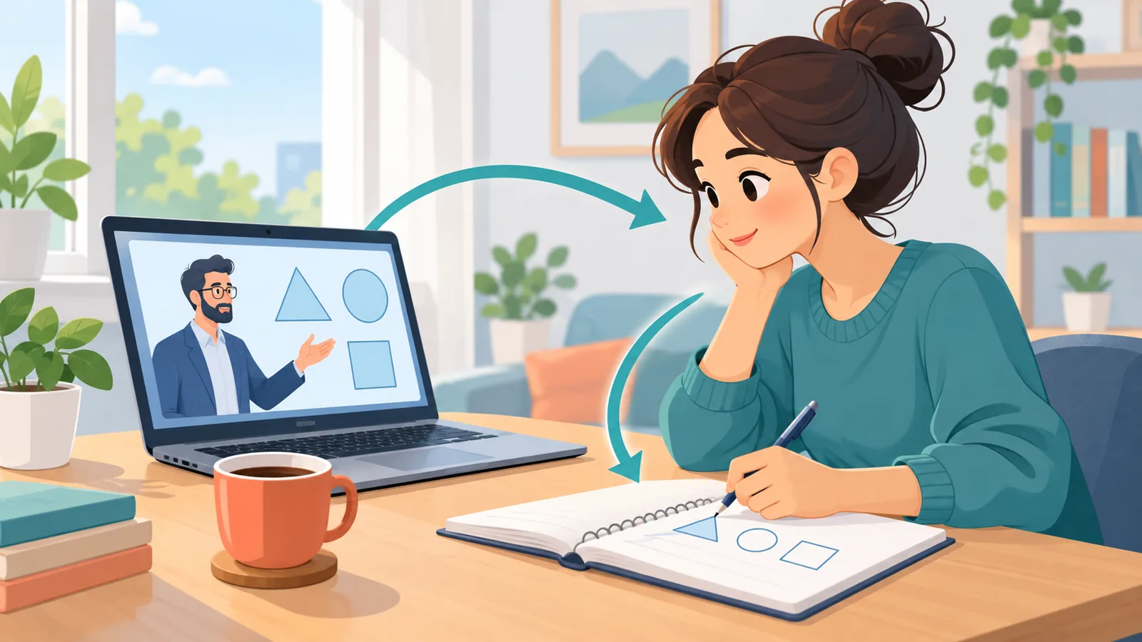 Jeune personne suivant un cours en ligne depuis chez elle