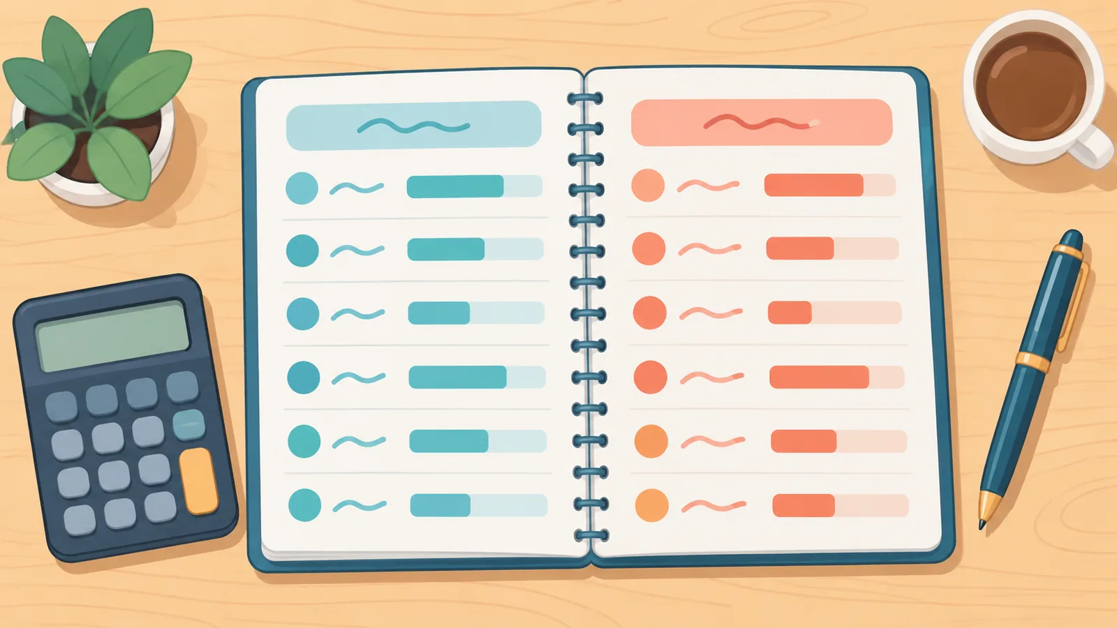 Carnet de notes avec colonnes de comparaison sur un bureau