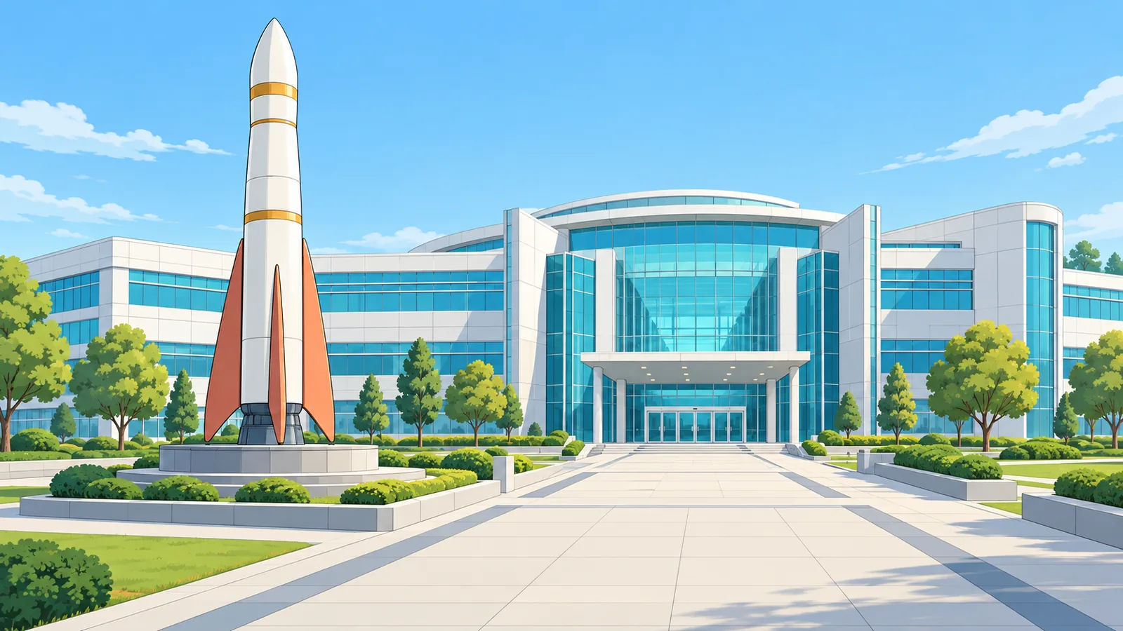 Bâtiment d’une agence spatiale avec une maquette de fusée