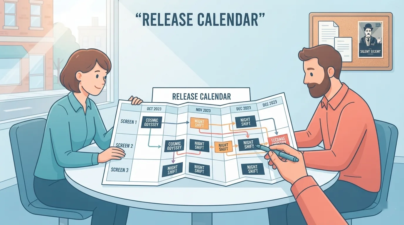 Deux programmateurs de cinéma examinant un calendrier de sorties