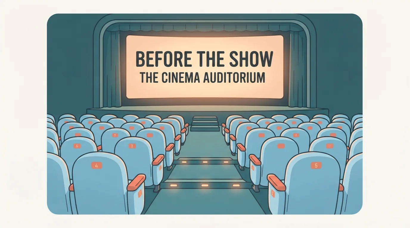 Salle de cinéma vide avant la séance, écran doucement éclairé