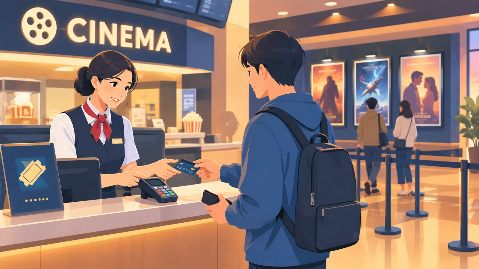 Spectateur achetant un billet au guichet d'un cinéma
