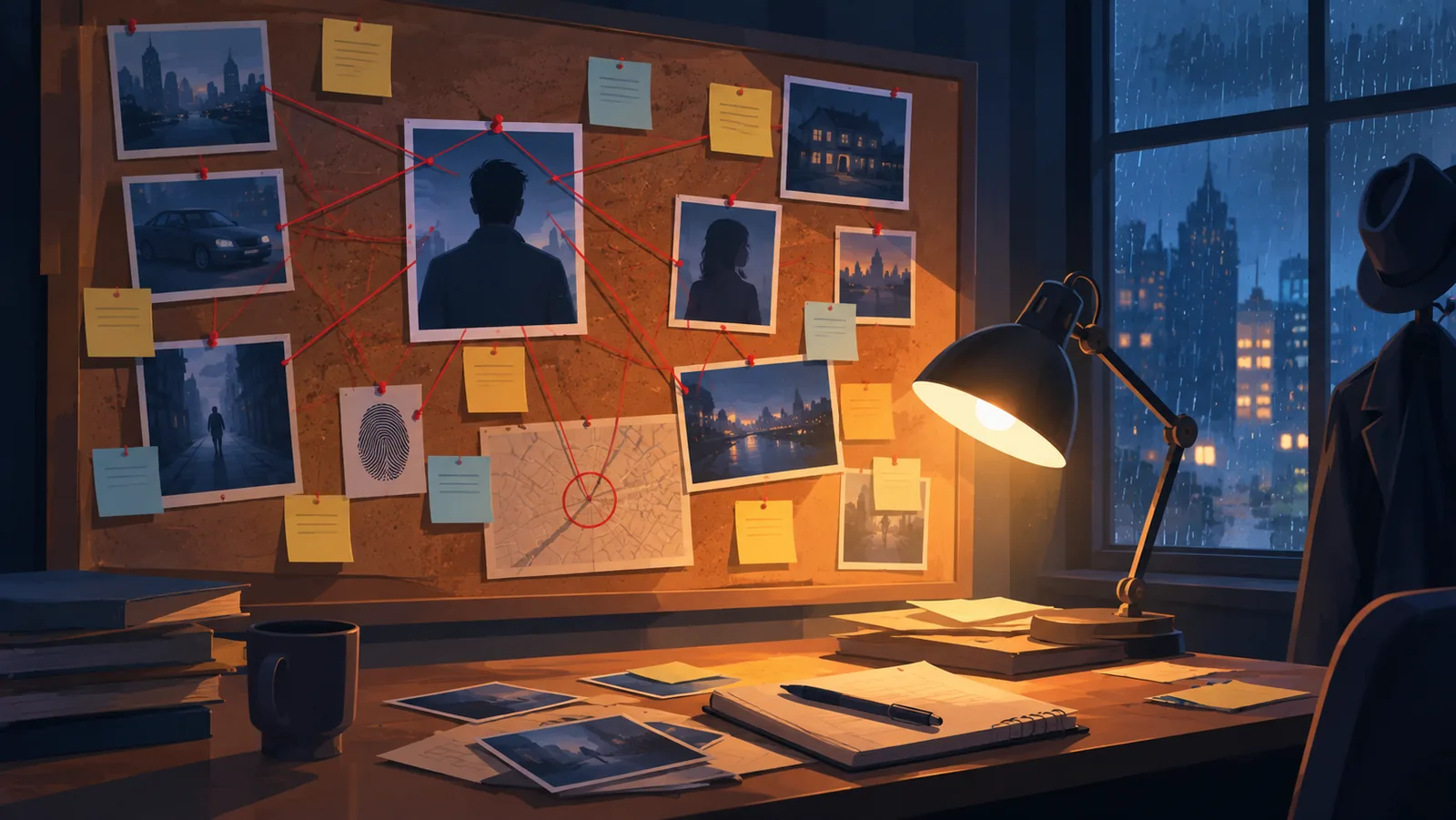 Tableau d'enquête dans une pièce sombre évoquant un thriller