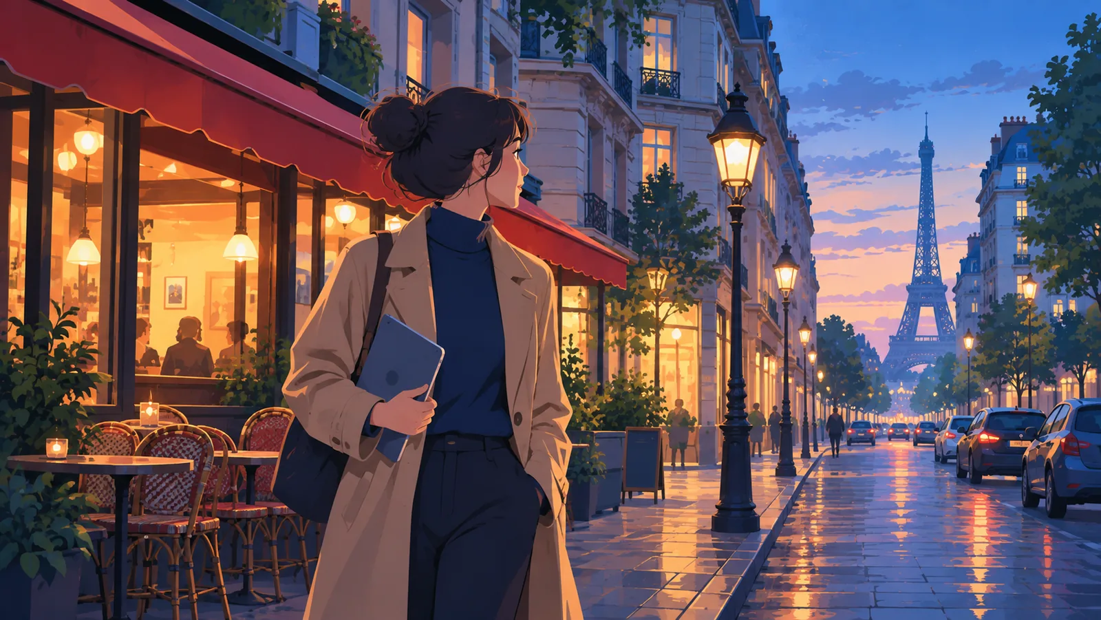 Rue européenne au crépuscule avec une personne portant une tablette