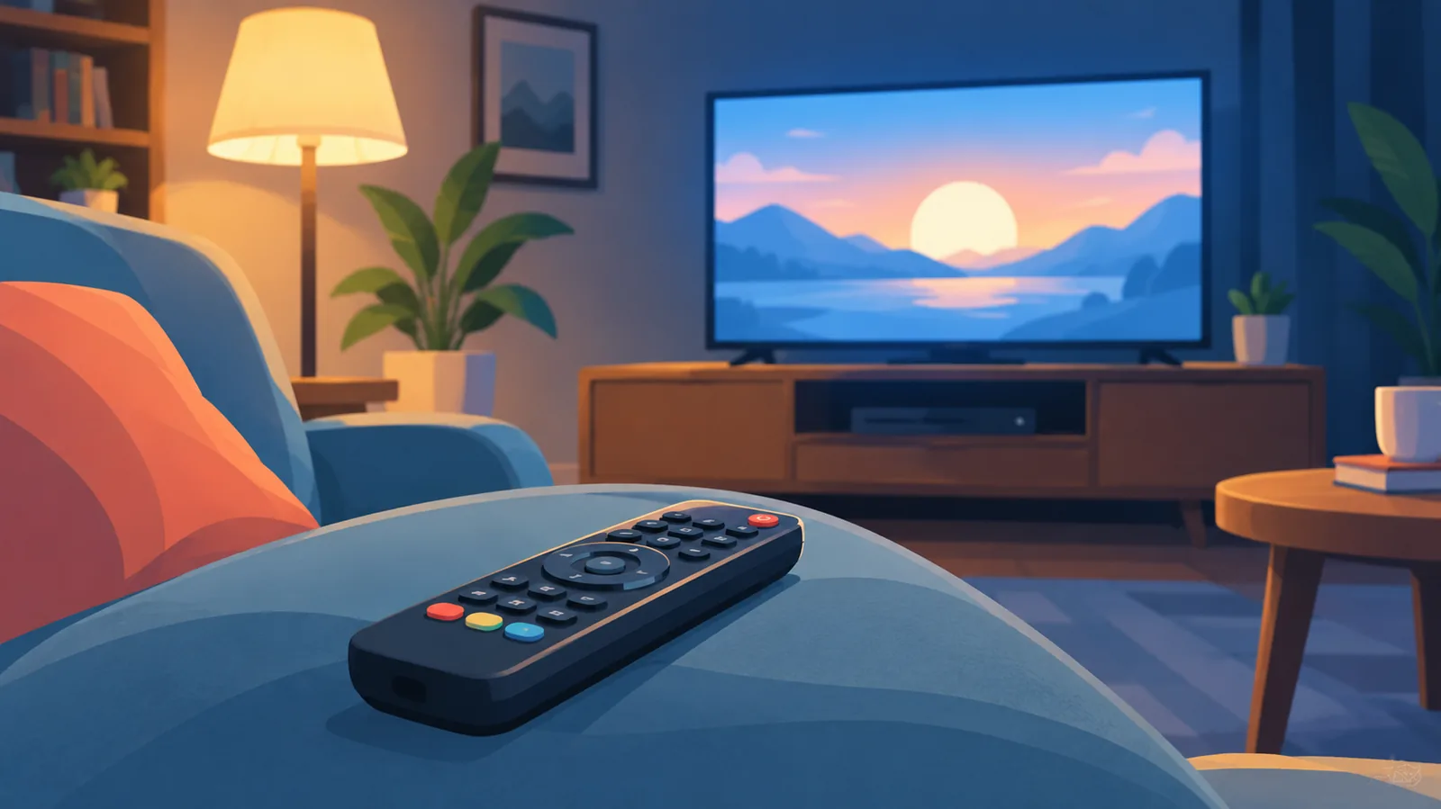 Télécommande posée sur un canapé devant une télévision allumée