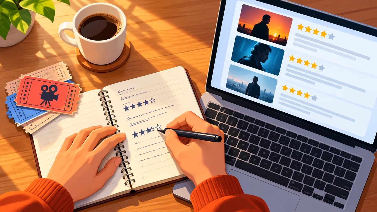 Bureau de critique de cinéma avec carnet, ordinateur et tickets de séance
