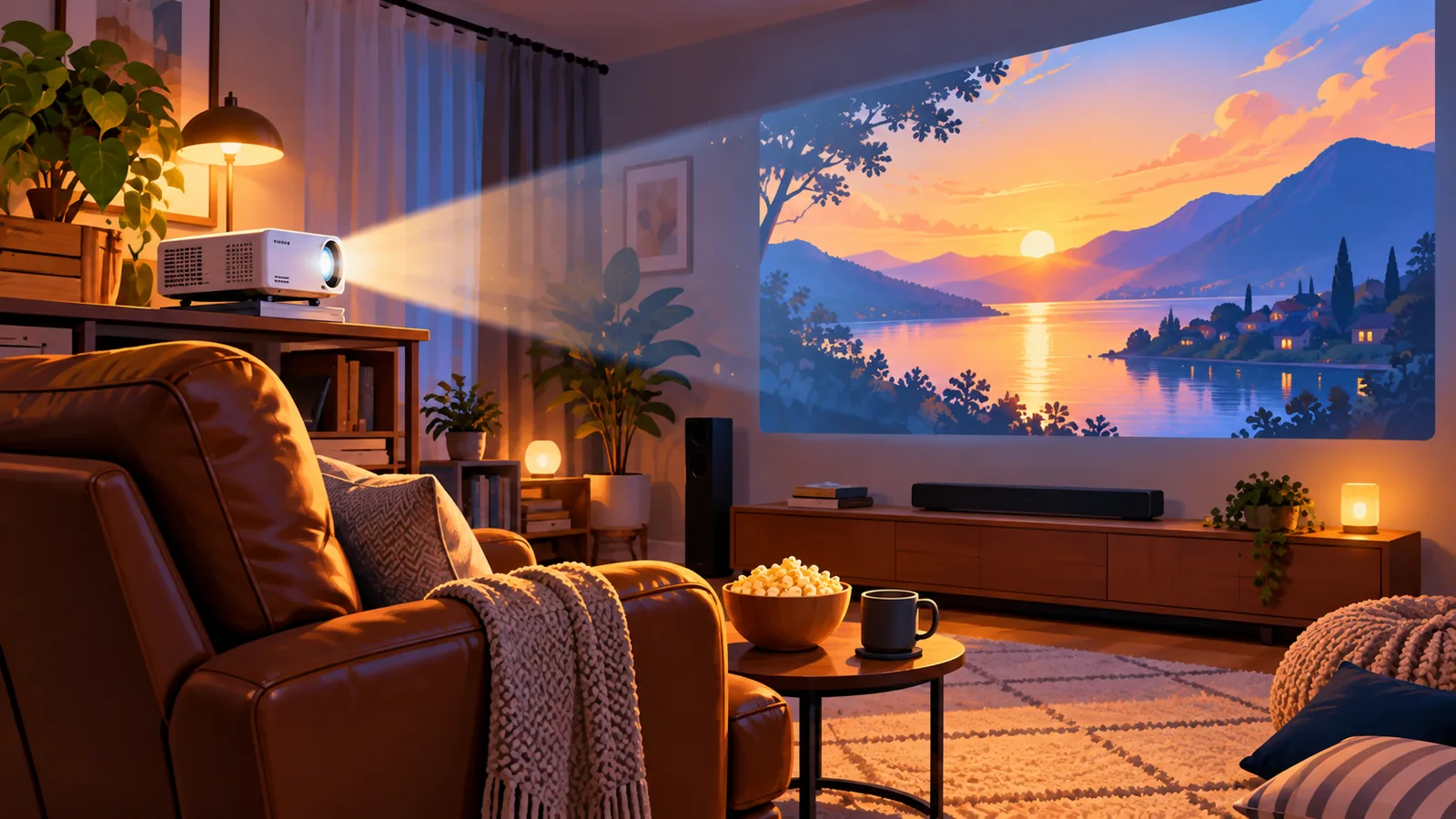 Coin cinéma à la maison avec projecteur et fauteuil en cuir