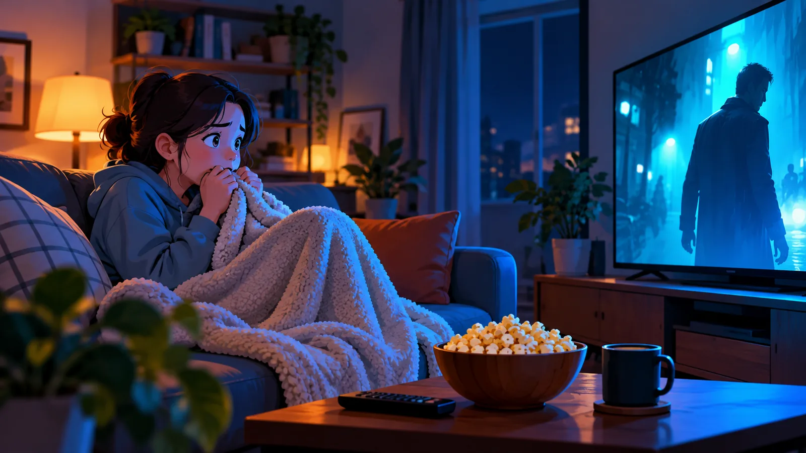 Spectateur sous un plaid devant un film à suspense dans un salon sombre