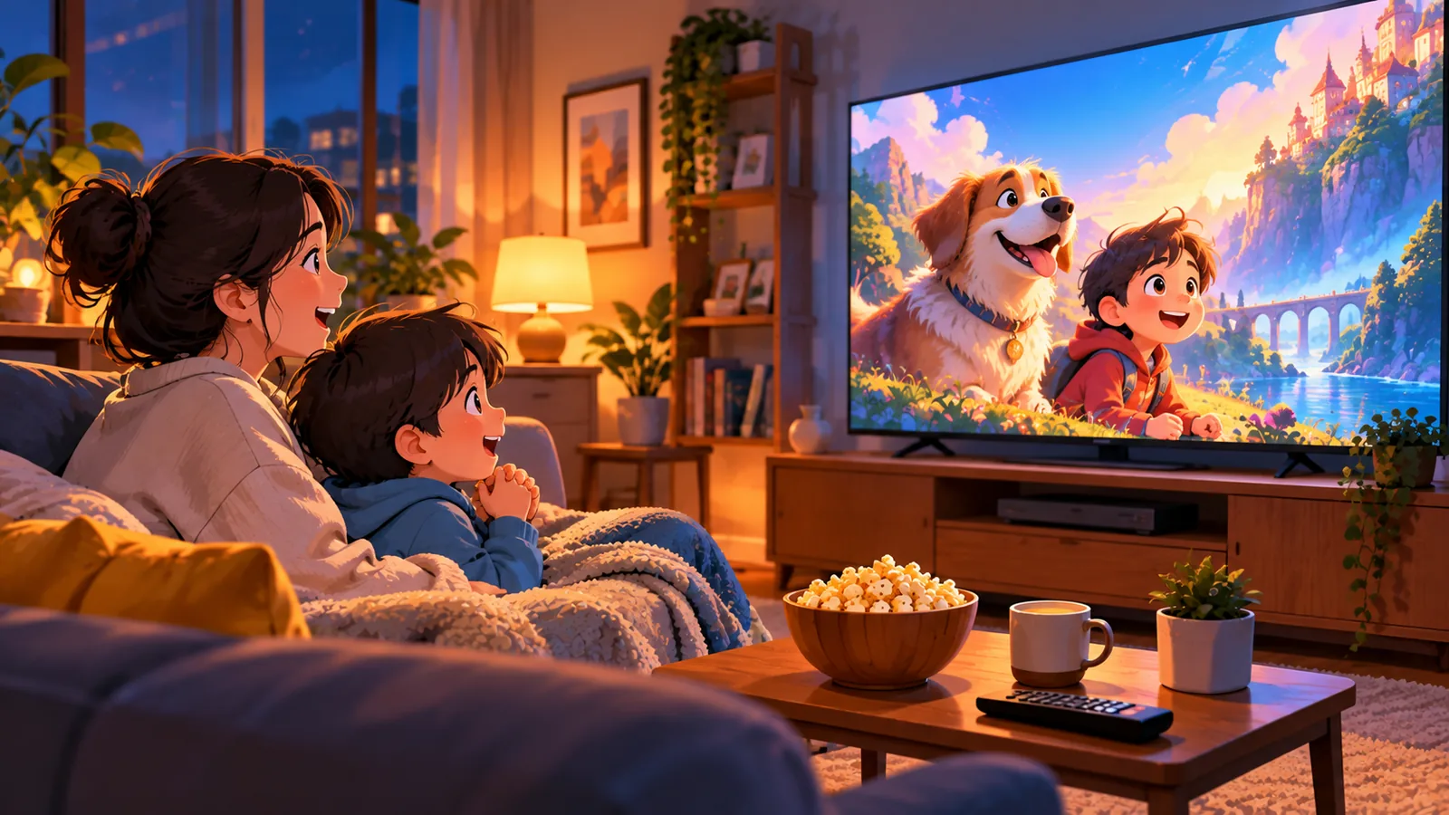 Parent et enfant regardant un film d’animation sur le canapé