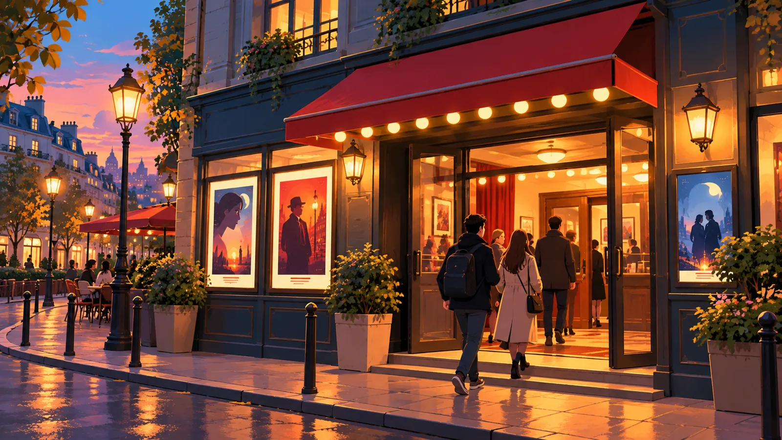 Entrée d’un petit cinéma indépendant dans une rue française au crépuscule