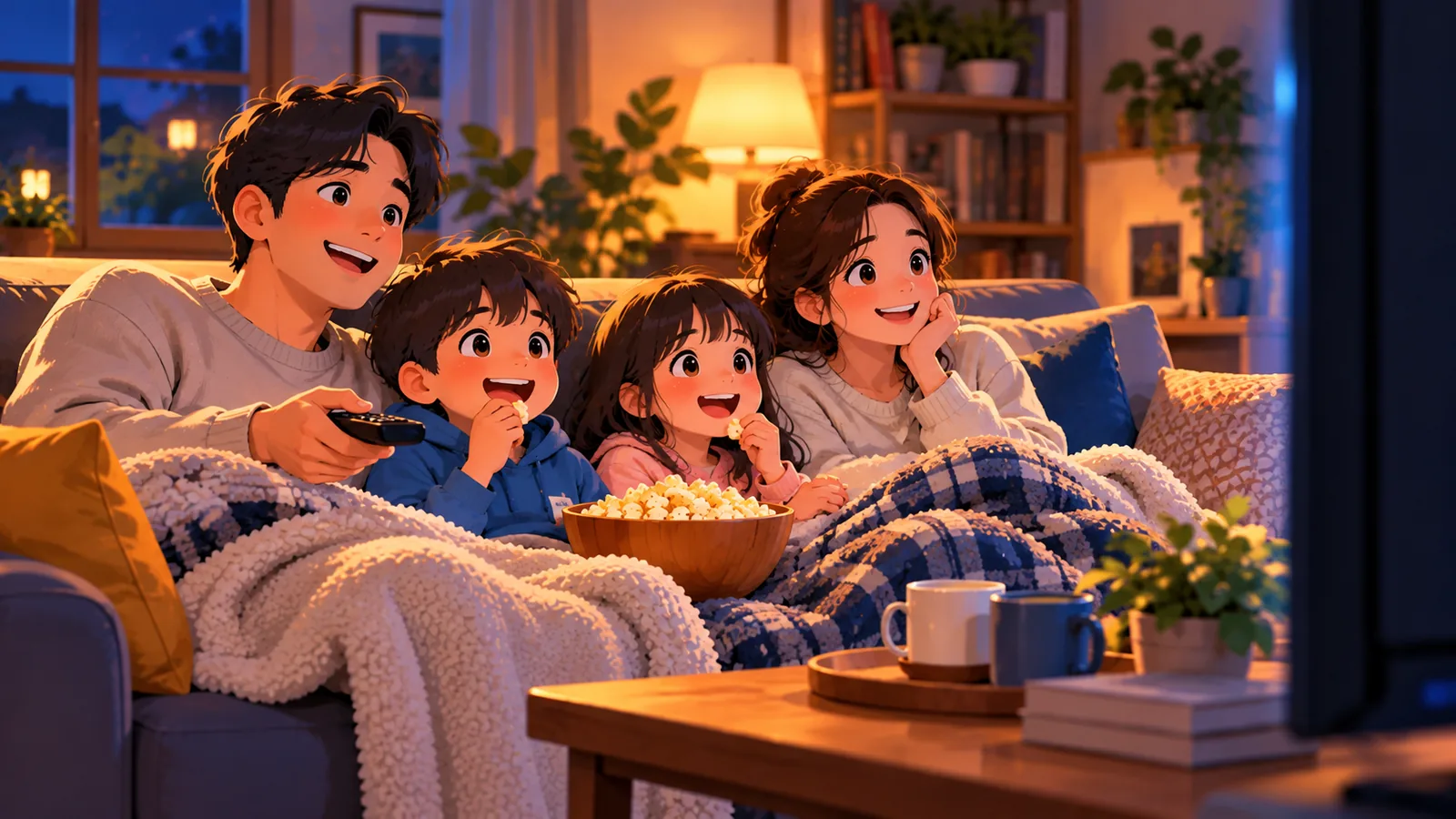 Famille de quatre personnes devant un film avec du pop-corn