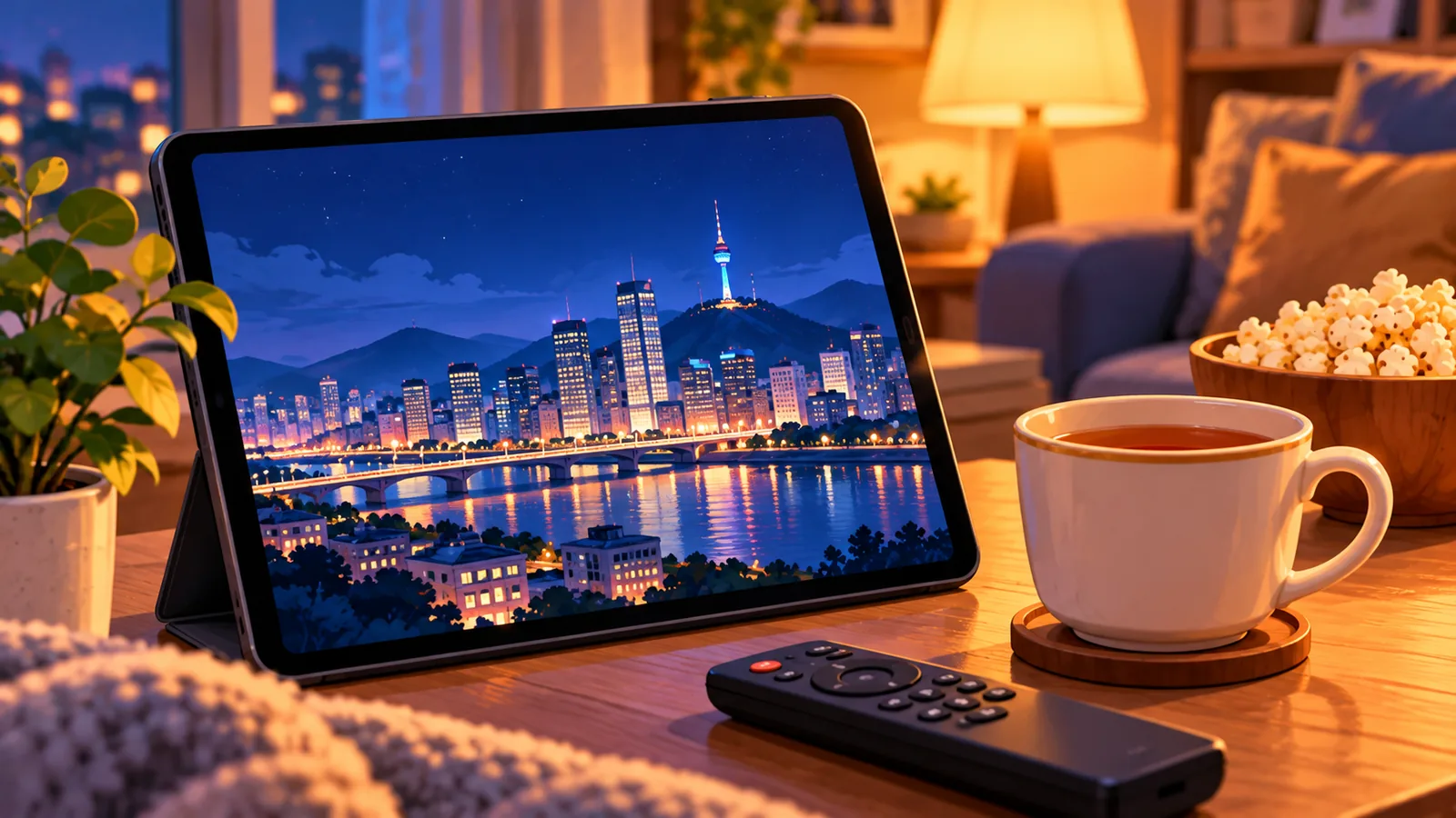 Tablette affichant un paysage urbain nocturne à côté d’une tasse de thé