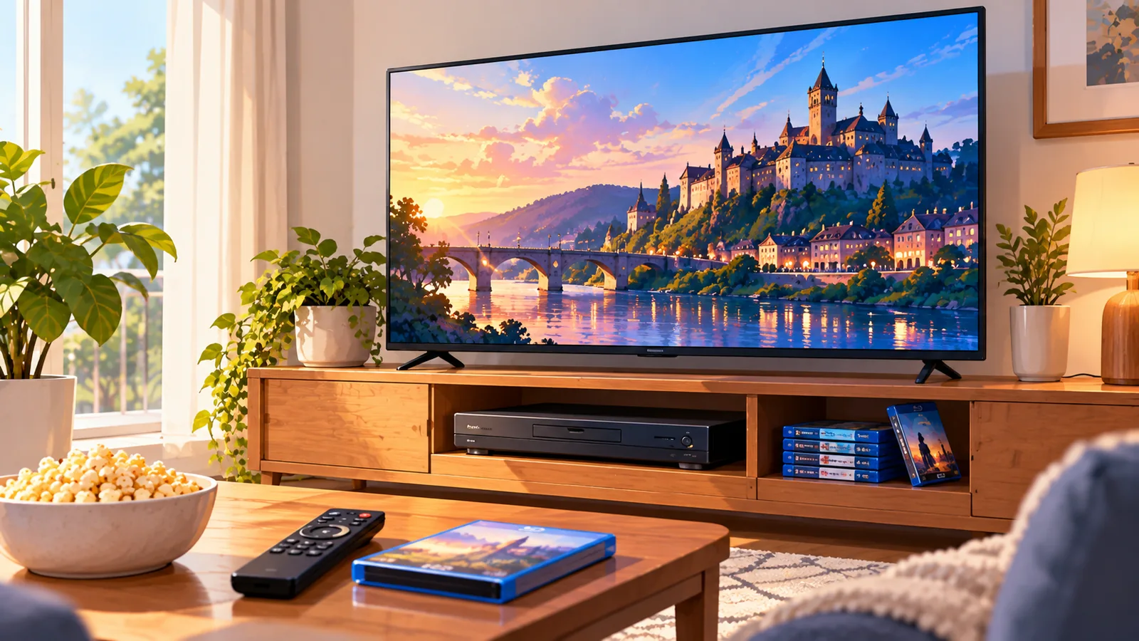 Téléviseur avec lecteur Blu-ray, télécommande et boîtiers de disques