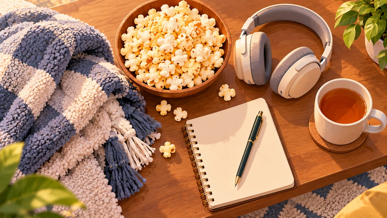 Plaid, pop-corn, casque, thé et carnet disposés sur une table en bois