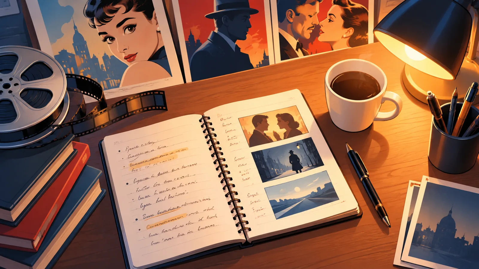Bureau de cinéphile avec carnet de notes et affiches de films classiques