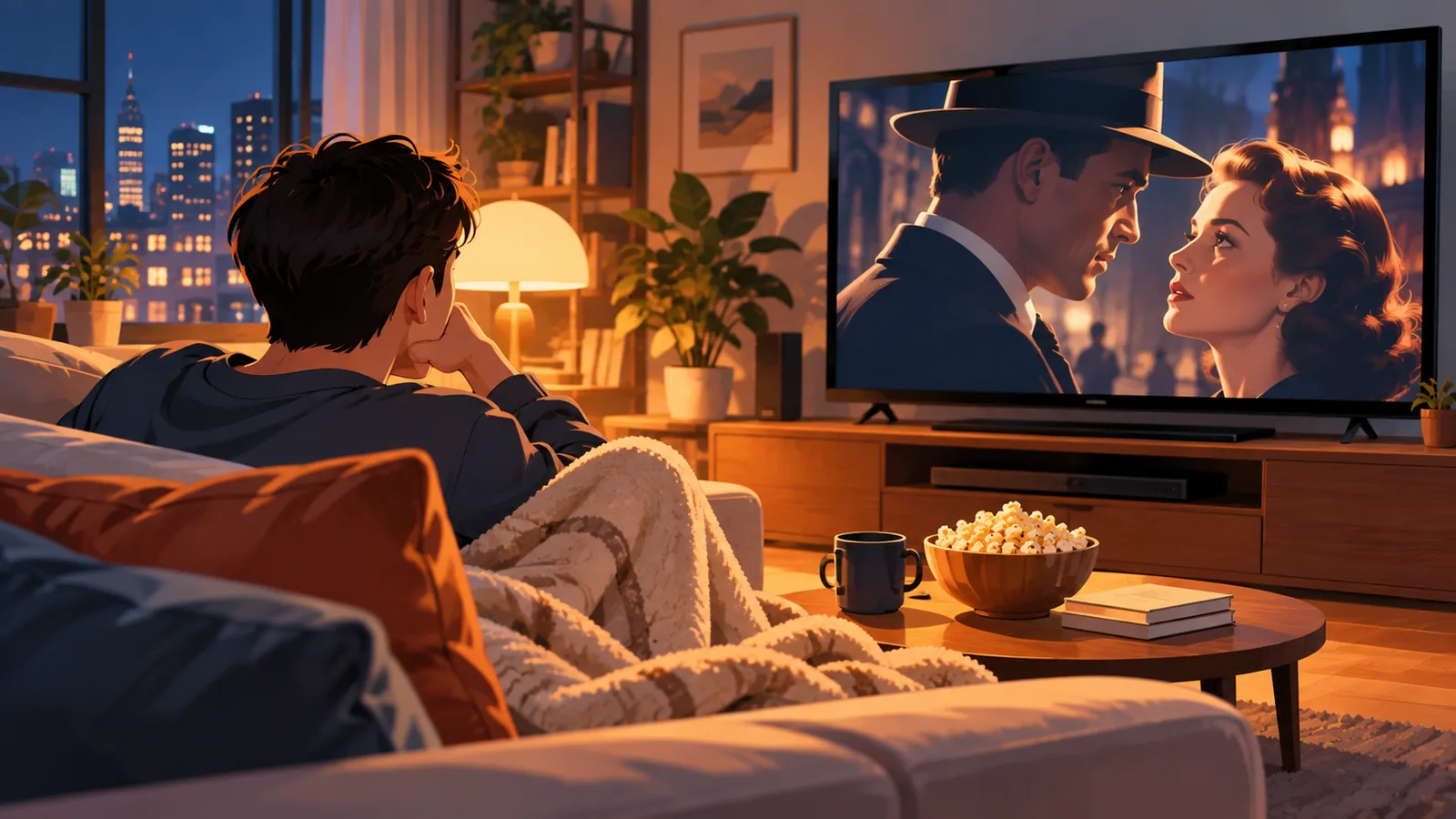 Salon chaleureux avec une personne regardant un drame à la télévision