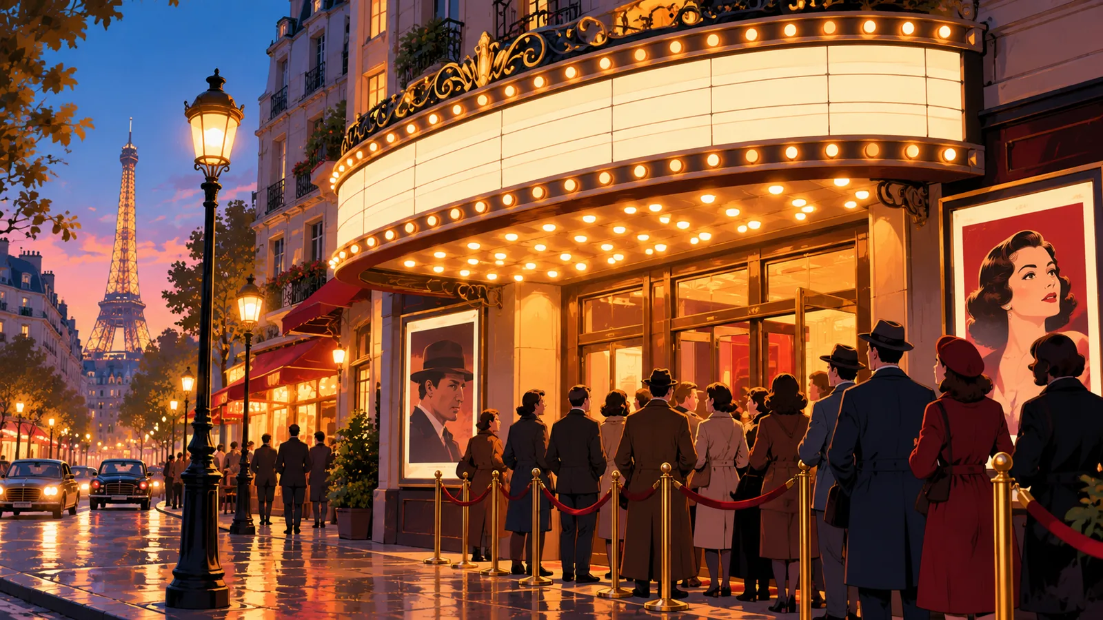 Façade d'un cinéma parisien au crépuscule avec file de spectateurs