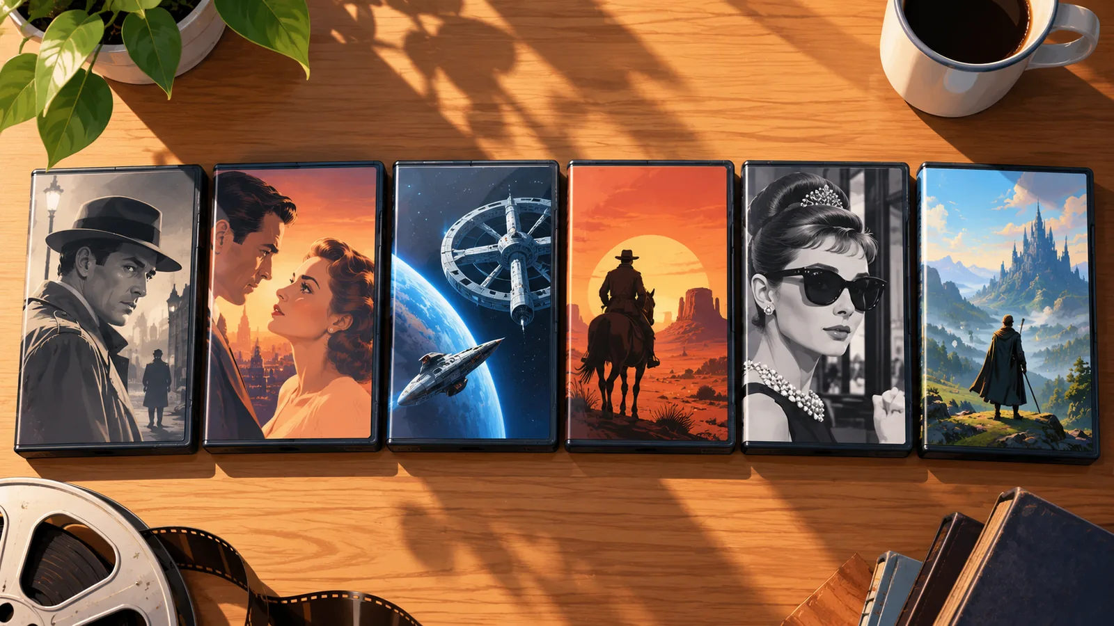 Six boîtiers de films alignés sur une table