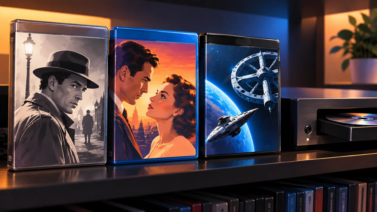 Boîtiers DVD, Blu-ray et 4K Ultra HD côte à côte près d'un lecteur