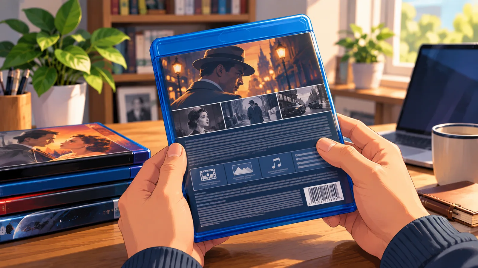 Main tenant un boîtier Blu-ray et lisant le dos de la jaquette