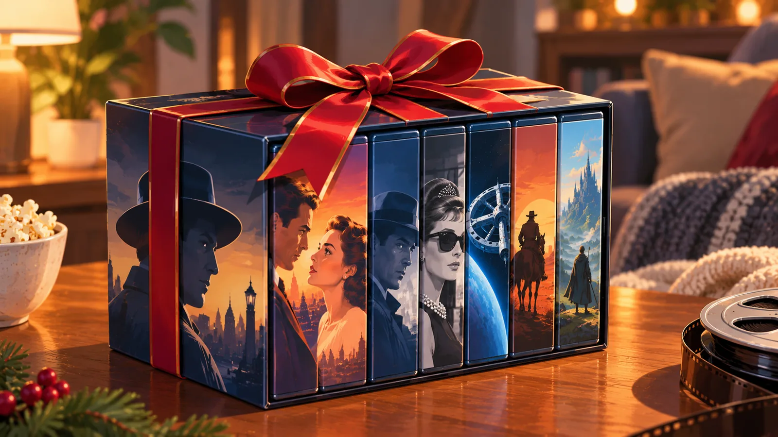 Coffret de films emballé en cadeau avec un ruban