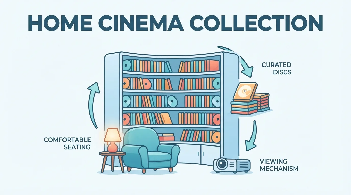 Vidéothèque personnelle avec étagères de films et fauteuil confortable