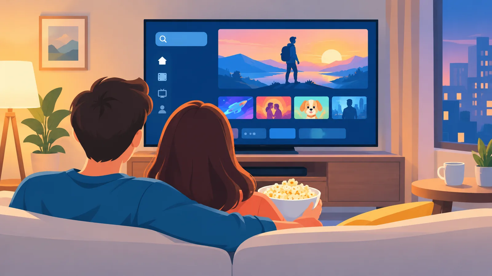 Couple installé sur un canapé devant un téléviseur affichant un menu de films