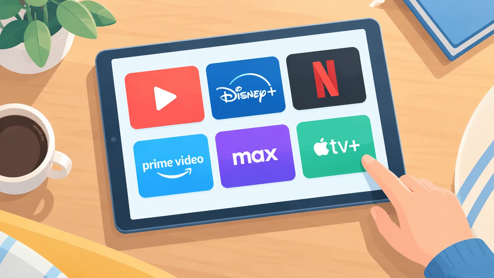 Tablette affichant six vignettes colorées de services de streaming