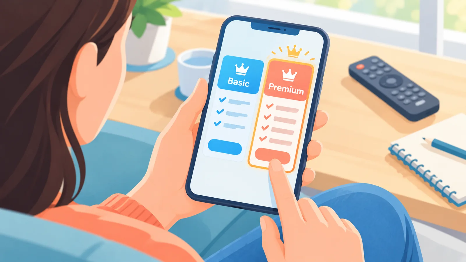 Personne comparant deux formules d'abonnement sur son smartphone