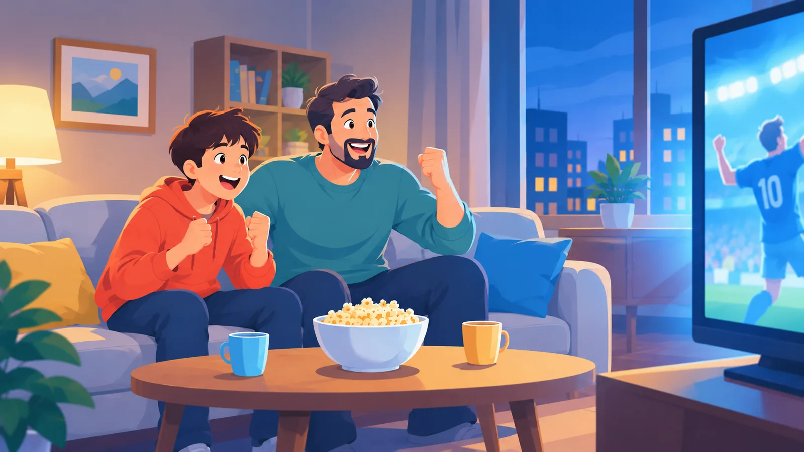 Adolescent et adulte devant un film d'action avec un bol de pop-corn