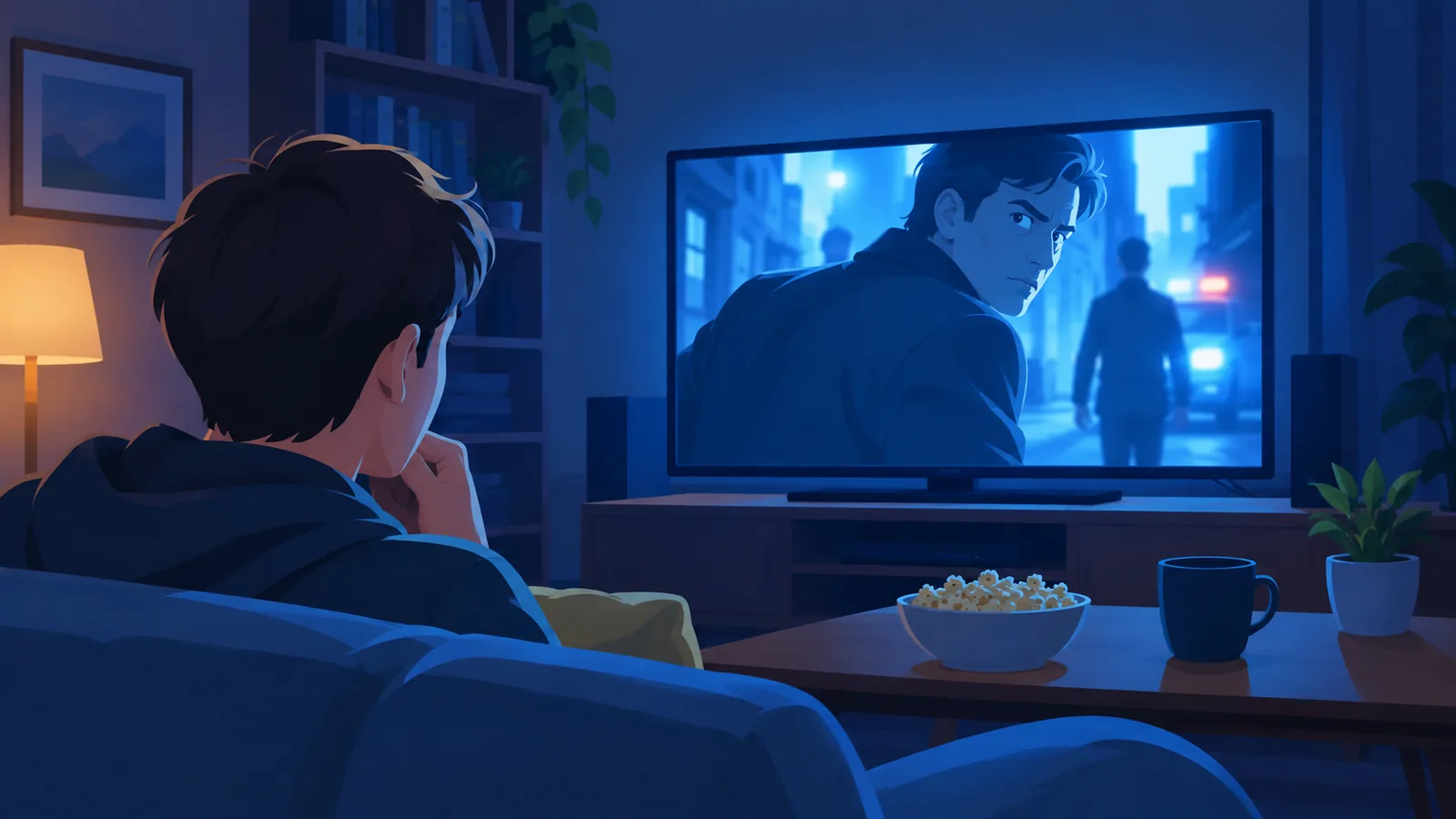Personne seule regardant un thriller dans une pièce sombre