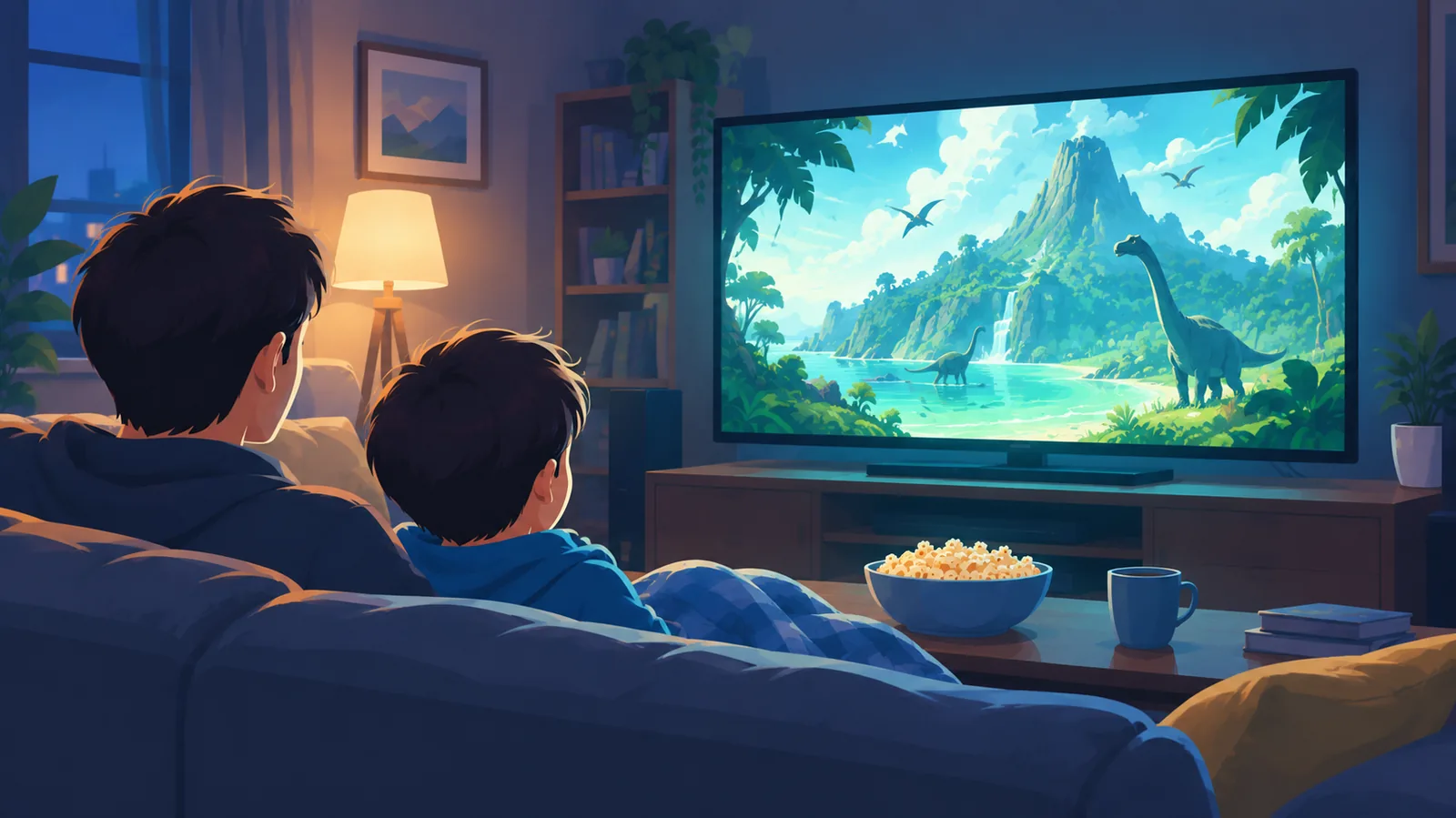 Parent et enfant regardant un film d'aventure sur une île préhistorique