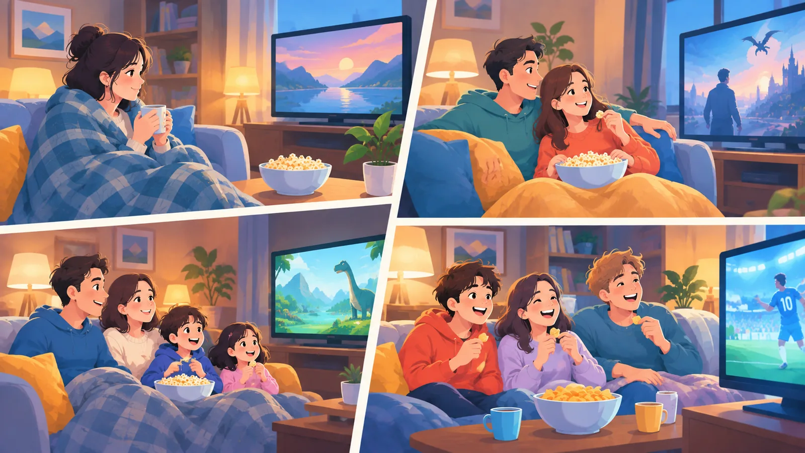 Quatre scènes de visionnage : en solo, en couple, en famille et entre amis