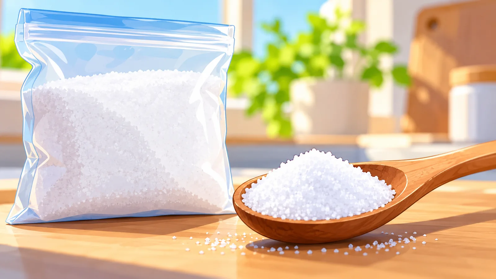 Sachet de sel fin et cuillère de flocons blancs sur un plan de travail